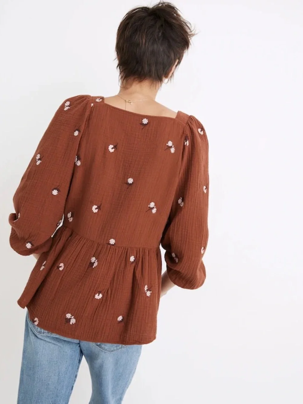 Amie Floral Embroidered Lightspun Millbrook Puff-Sleeve Peplum Top size small